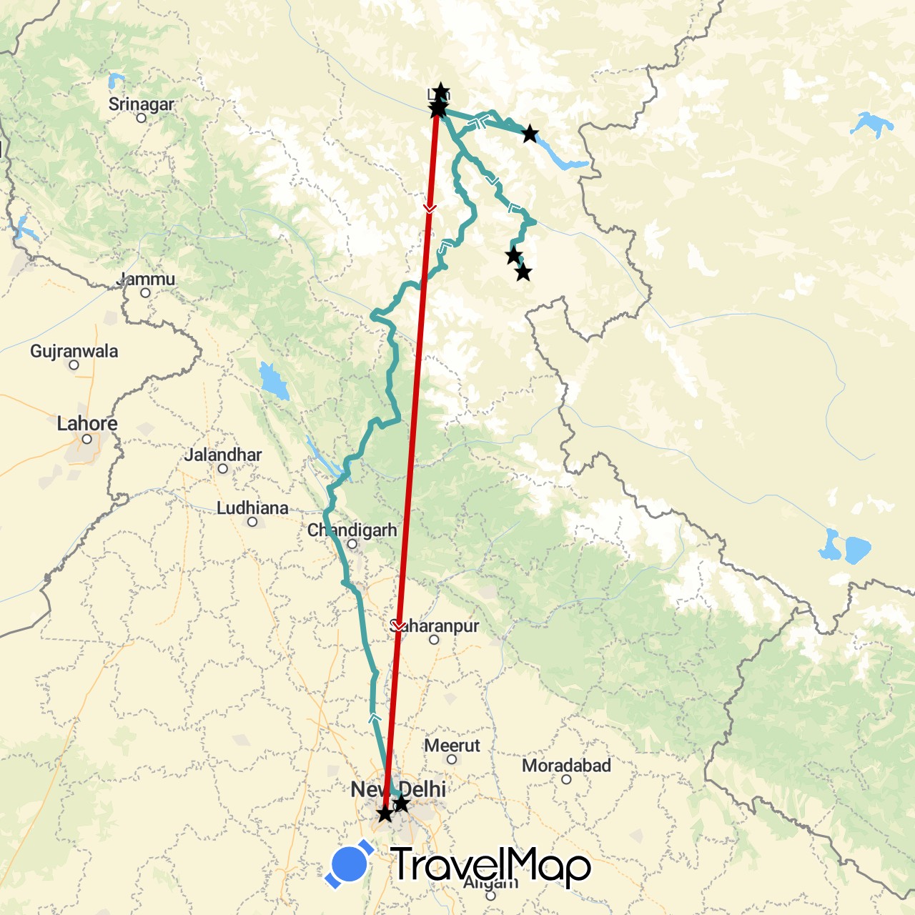 TravelMap itinerary: driving, flight, cab in India (Asia)