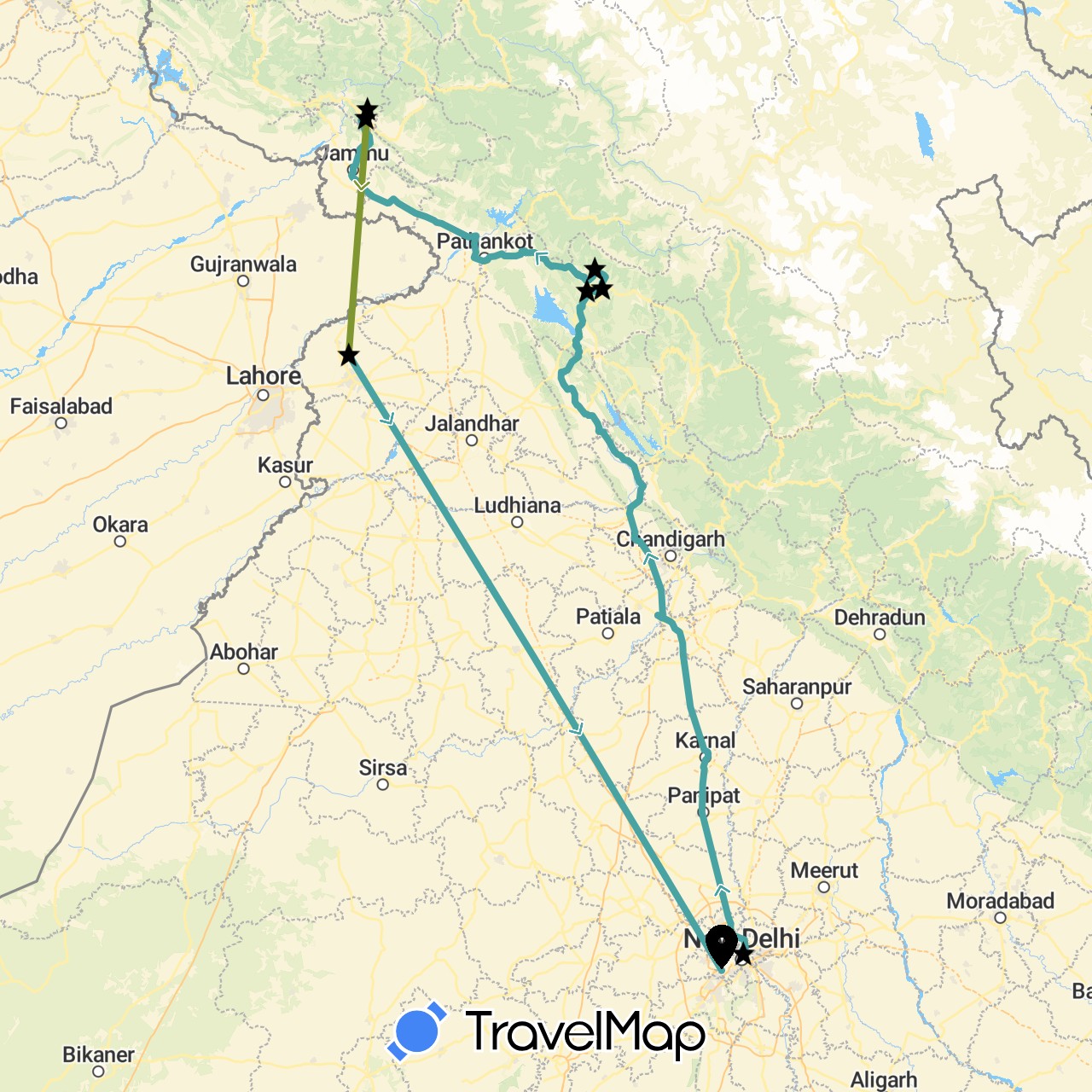TravelMap itinerary: driving, cab, trekking in India (Asia)