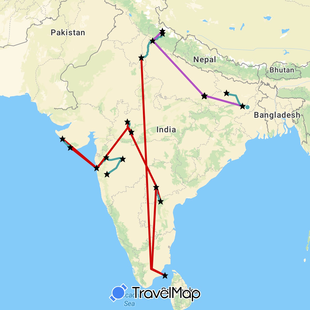 TravelMap itinerary: driving, train, flight, cab in India (Asia)